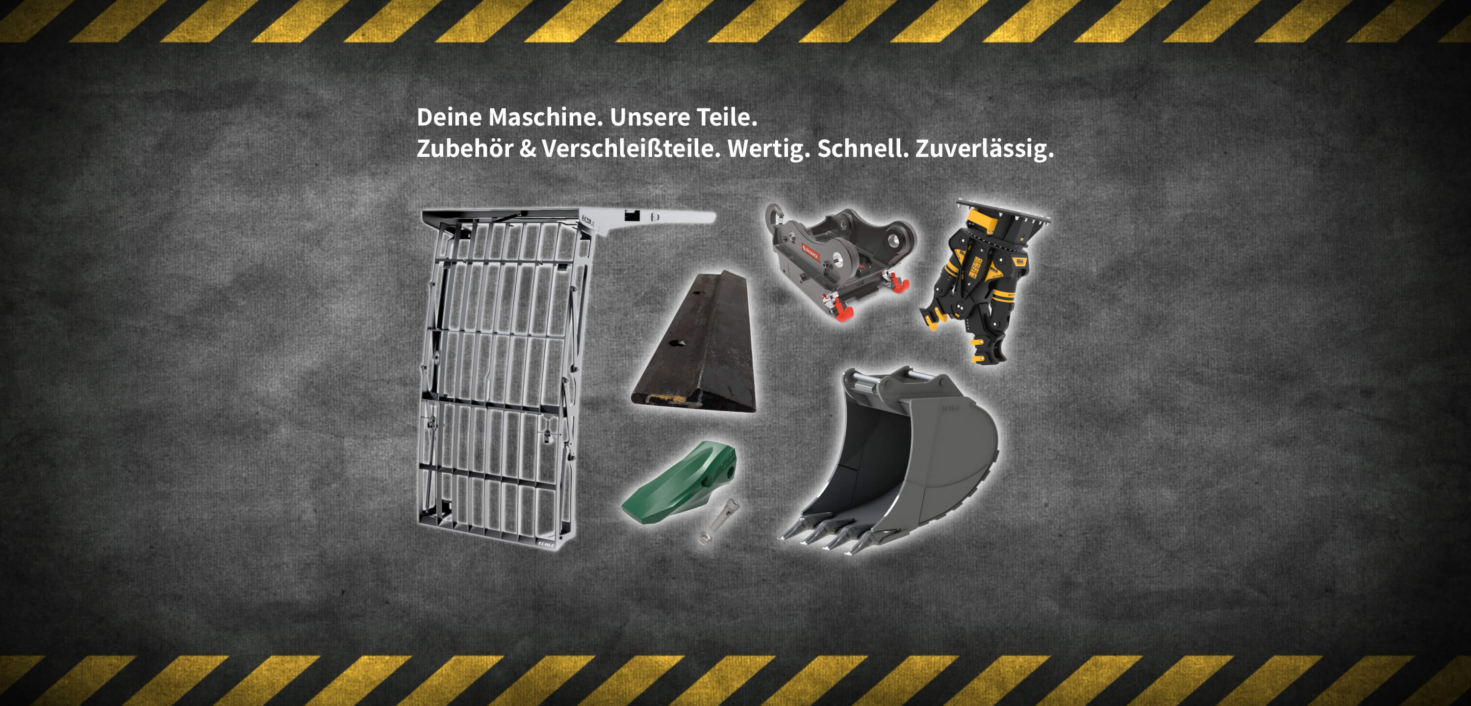 CM Parts - Deine Maschine. Unsere Teile. Zubehör & Verschleißteile. Wertig. Schnell. Zuverlässig. Zu sehen ist ein Kabinenschutz/Abbruchgitter FOPS, Baggerzahn, Schürfleiste, MB Crusher Abbruchzange ein Tieflöffel und ein OilQuick Schnellwechsler