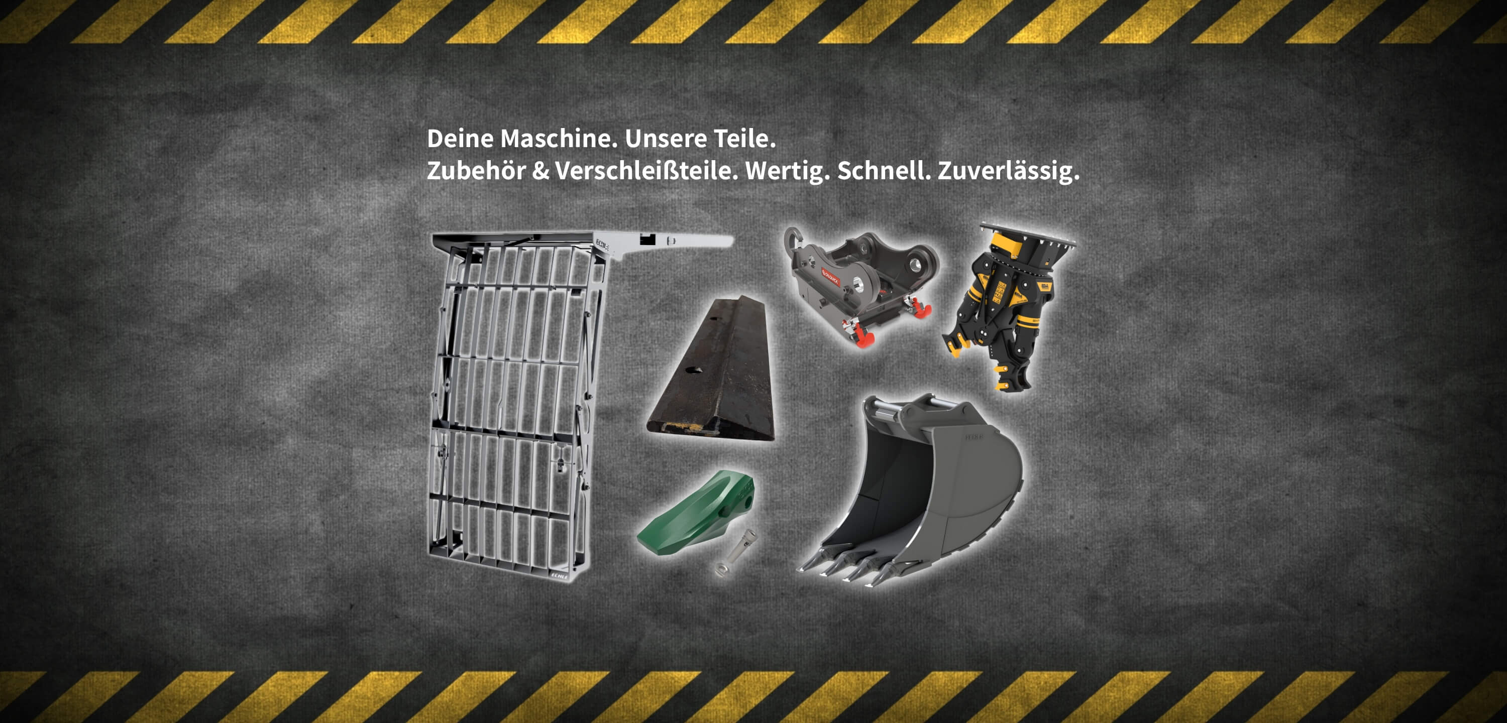 CM Parts - Deine Maschine. Unsere Teile. Zubehör & Verschleißteile. Wertig. Schnell. Zuverlässig. Zu sehen ist ein Kabinenschutz/Abbruchgitter FOPS, Baggerzahn, Schürfleiste, MB Crusher Abbruchzange ein Tieflöffel und ein OilQuick Schnellwechsler