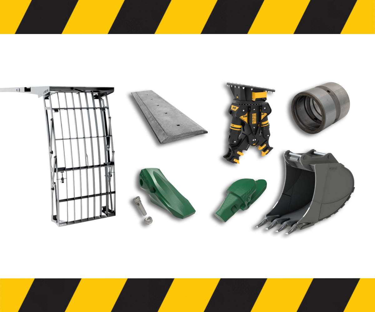 Zu sehen sind Kabinenschutz/Abbruchgitter FOPS, Baggerzähne, Schürfleiste/Messerstahl, MB Crusher Abbruchzange, Stahlbuchse und ein Tieflöffel
