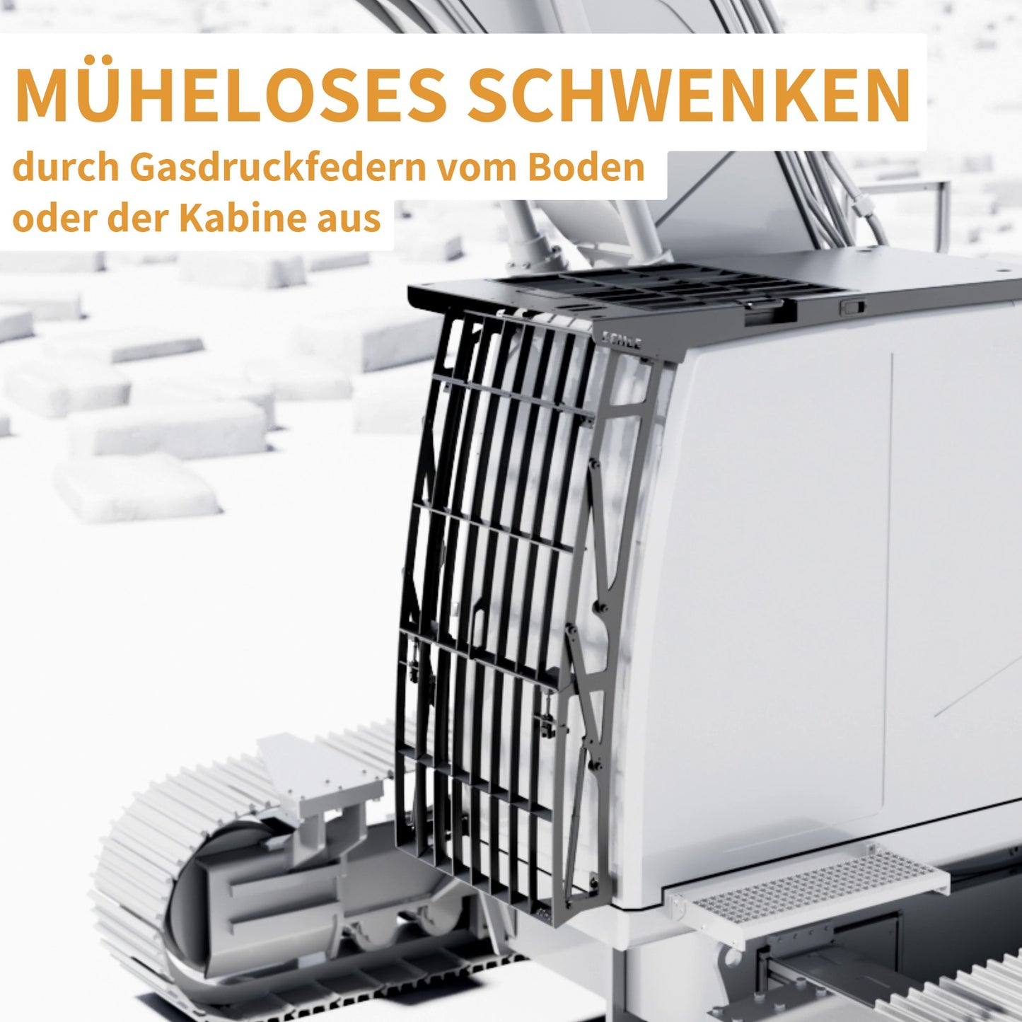 das frontgitter ist durch müheloses schwenken durch Gasdruckfedern vom Boden oder der Kabine aus möglich